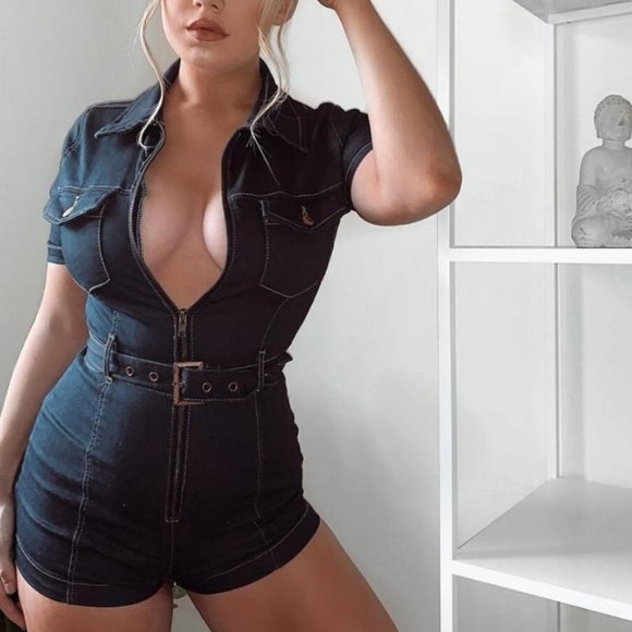 Black Short Sleeve Denim Jeans Bodycon Romper - Picture 5 of 10